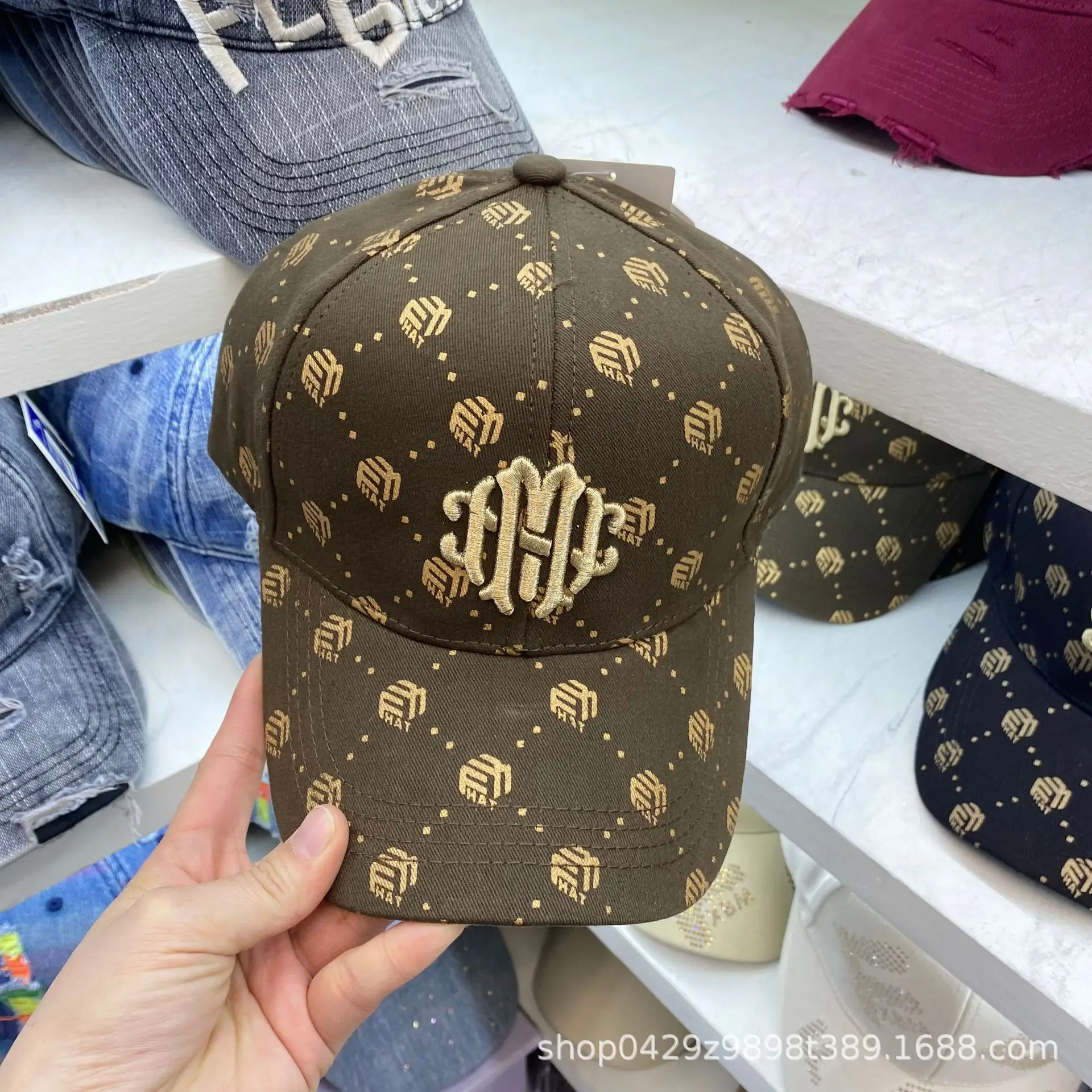 Men Embroidered Monogram Cap Brown Gold