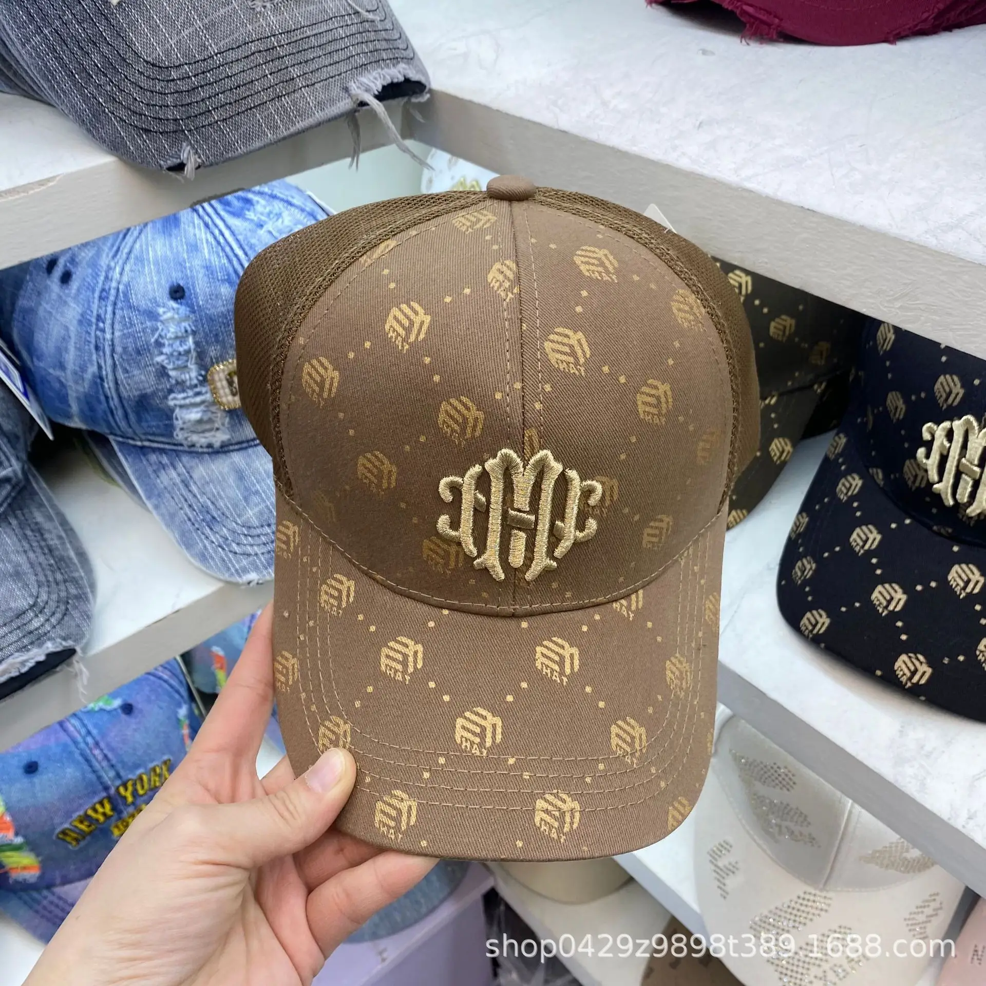 Men Embroidered Monogram Cap Brown Gold