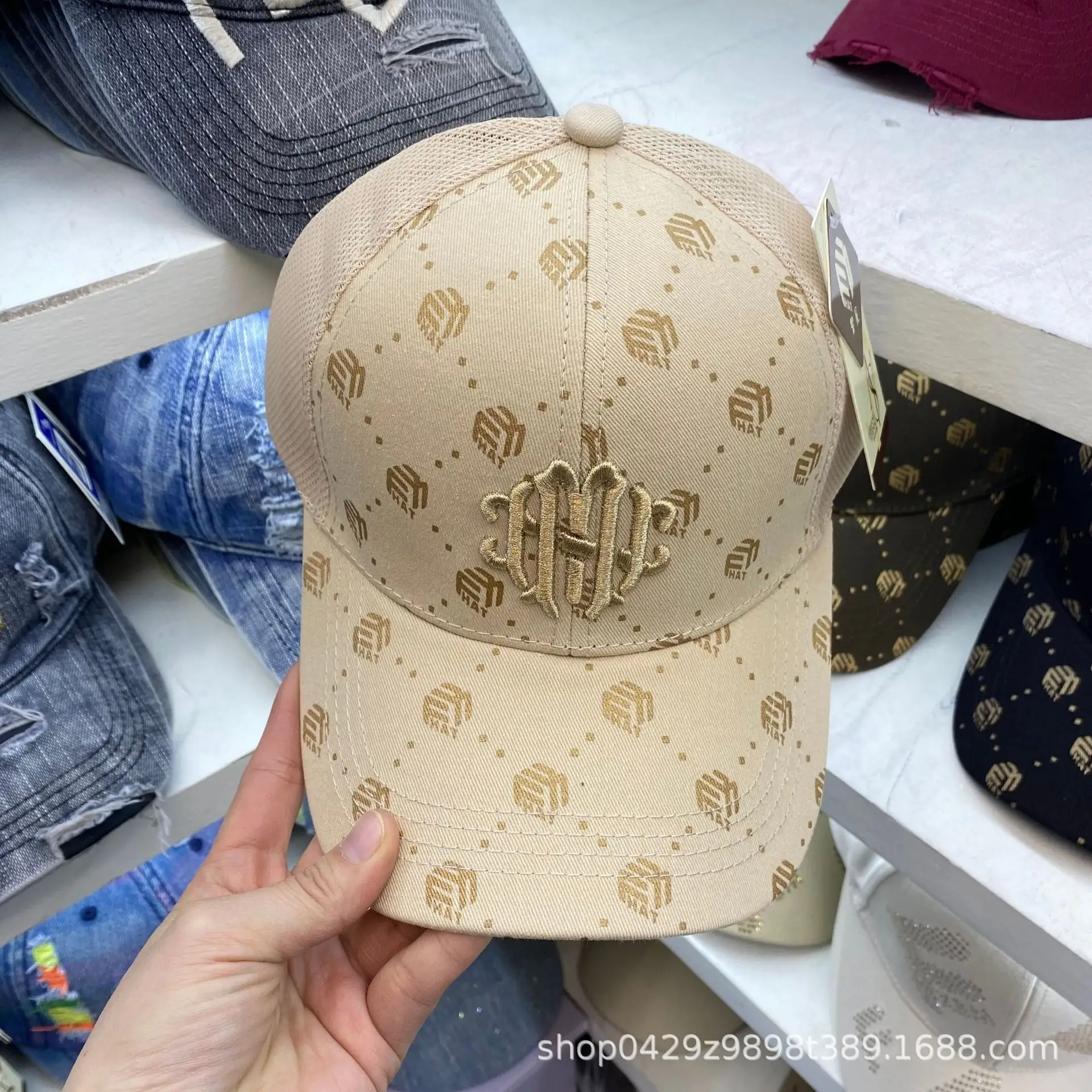 Men Embroidered Monogram Cap Brown Gold
