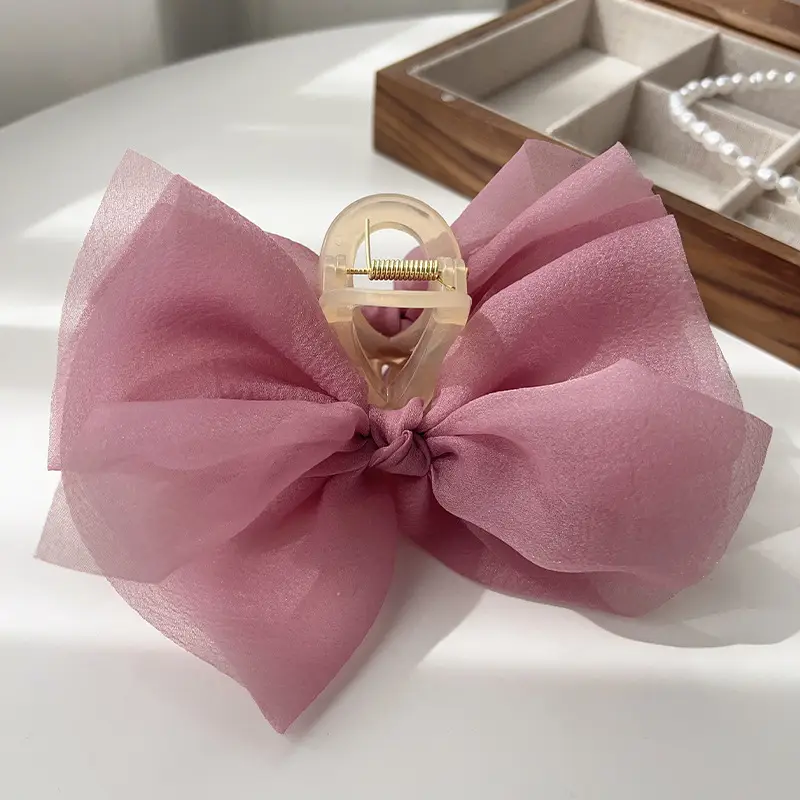 Pink Mesh Hair Clip with Large Bow Design - Image 6