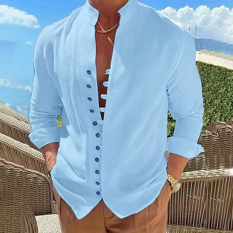 2023 Linen Button Shirt Light Blue Summer Casual — feature 8