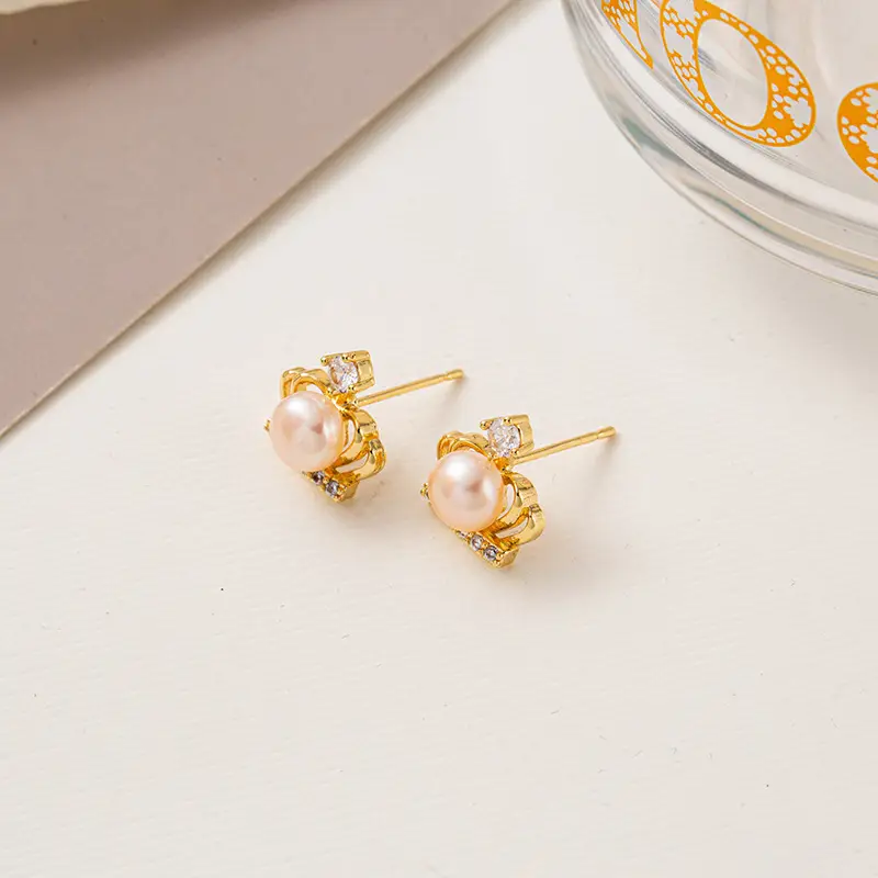 Korean Crown Pearl Earrings Gold Zircon - Image 4