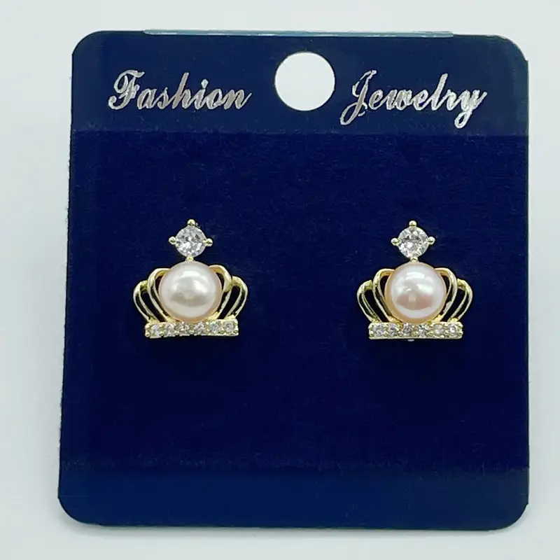 Korean Crown Pearl Earrings Gold Zircon — feature 10