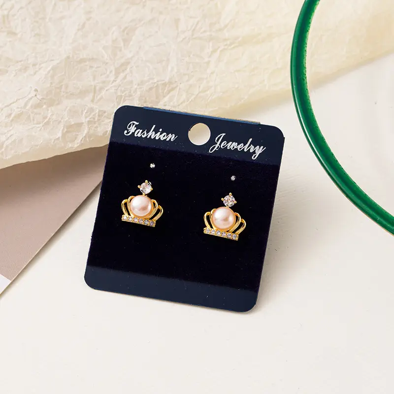 Korean Crown Pearl Earrings Gold Zircon — feature 11