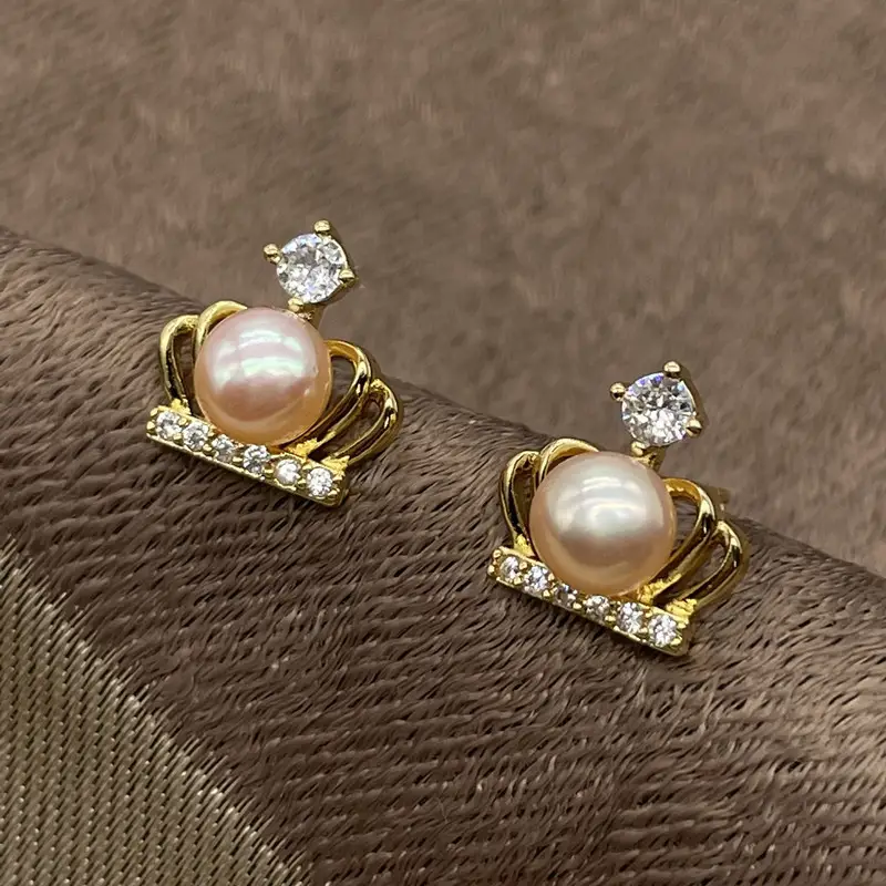 Korean Crown Pearl Earrings Gold Zircon — feature 12