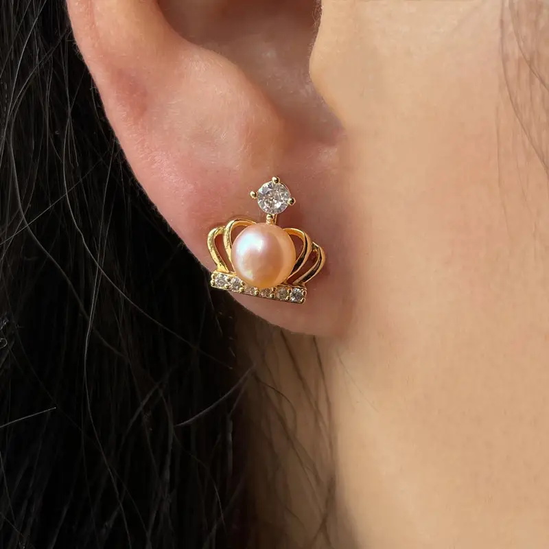 Korean Crown Pearl Earrings Gold Zircon — feature 5