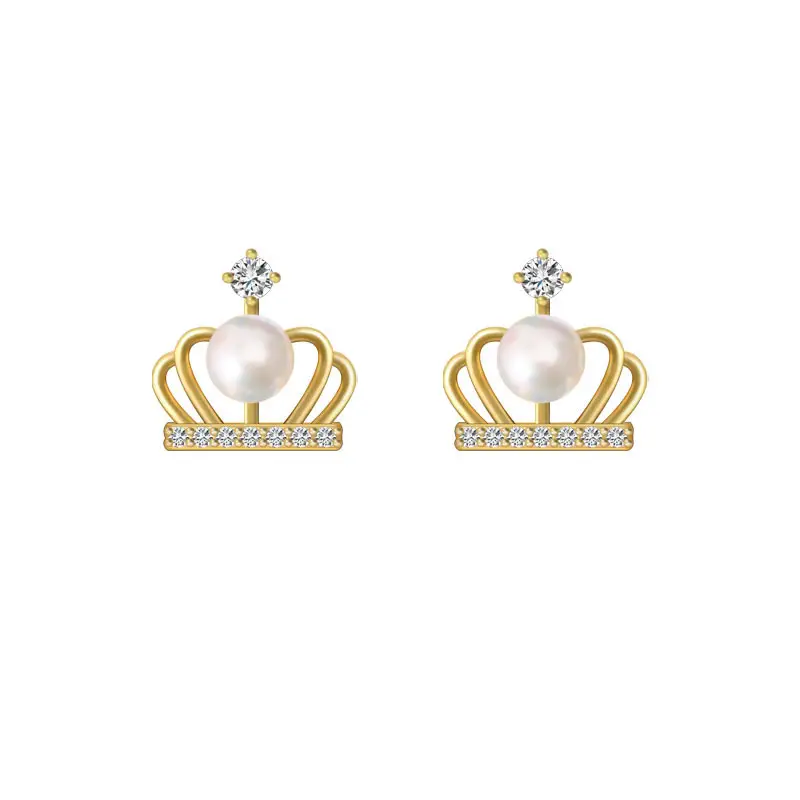 Korean Crown Pearl Earrings Gold Zircon - Image 2