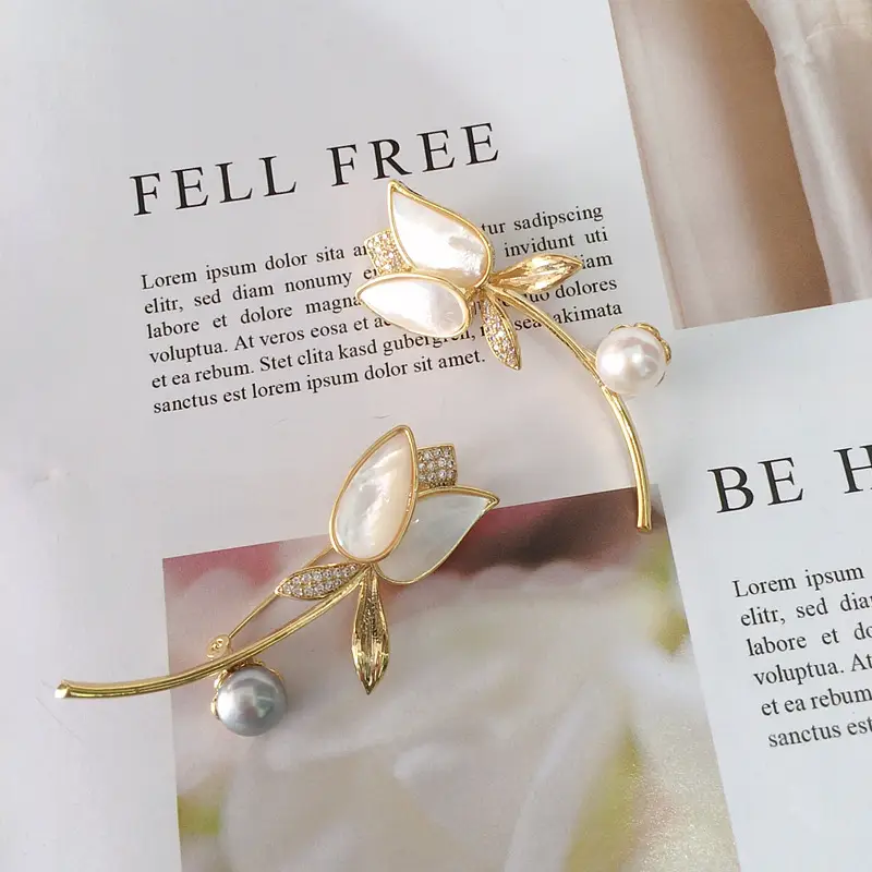 Pearl Brooch with Sea Shell Flower Design Gold Plated - Image 4
