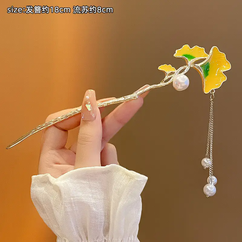 Women's Japanese Ginkgo Hairpin with Pearl Drop