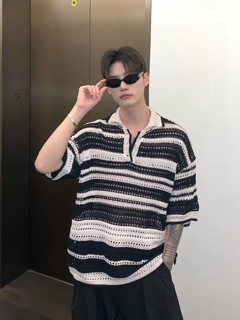 American Style Striped Hollow Short Sleeve Shirt Men Women Summer - Image 5