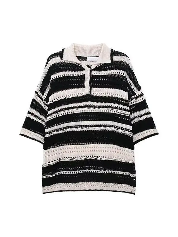 American Style Striped Hollow Short Sleeve Shirt Men Women Summer - Image 6