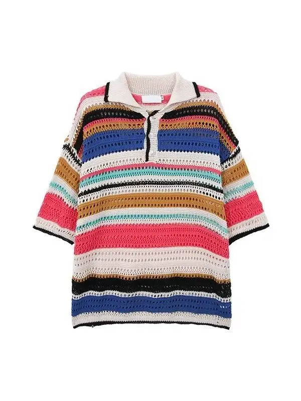 American Style Striped Hollow Short Sleeve Shirt Men Women Summer - Image 7