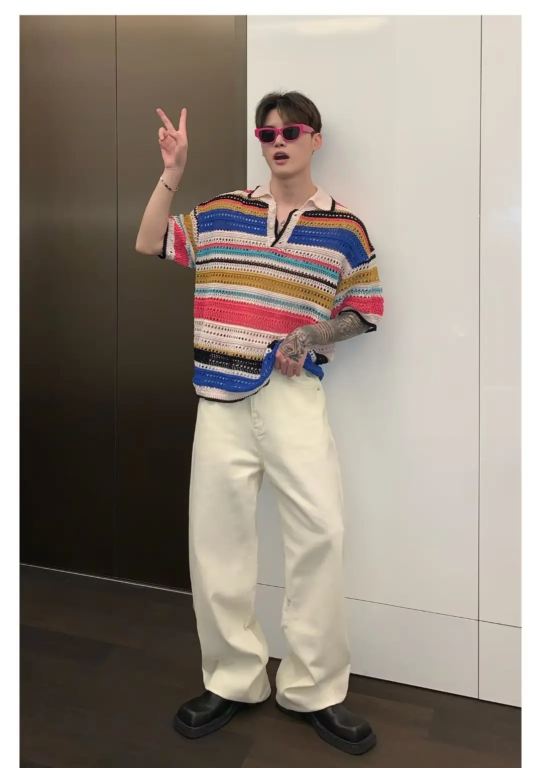 American Style Striped Hollow Short Sleeve Shirt Men Women Summer — feature 12