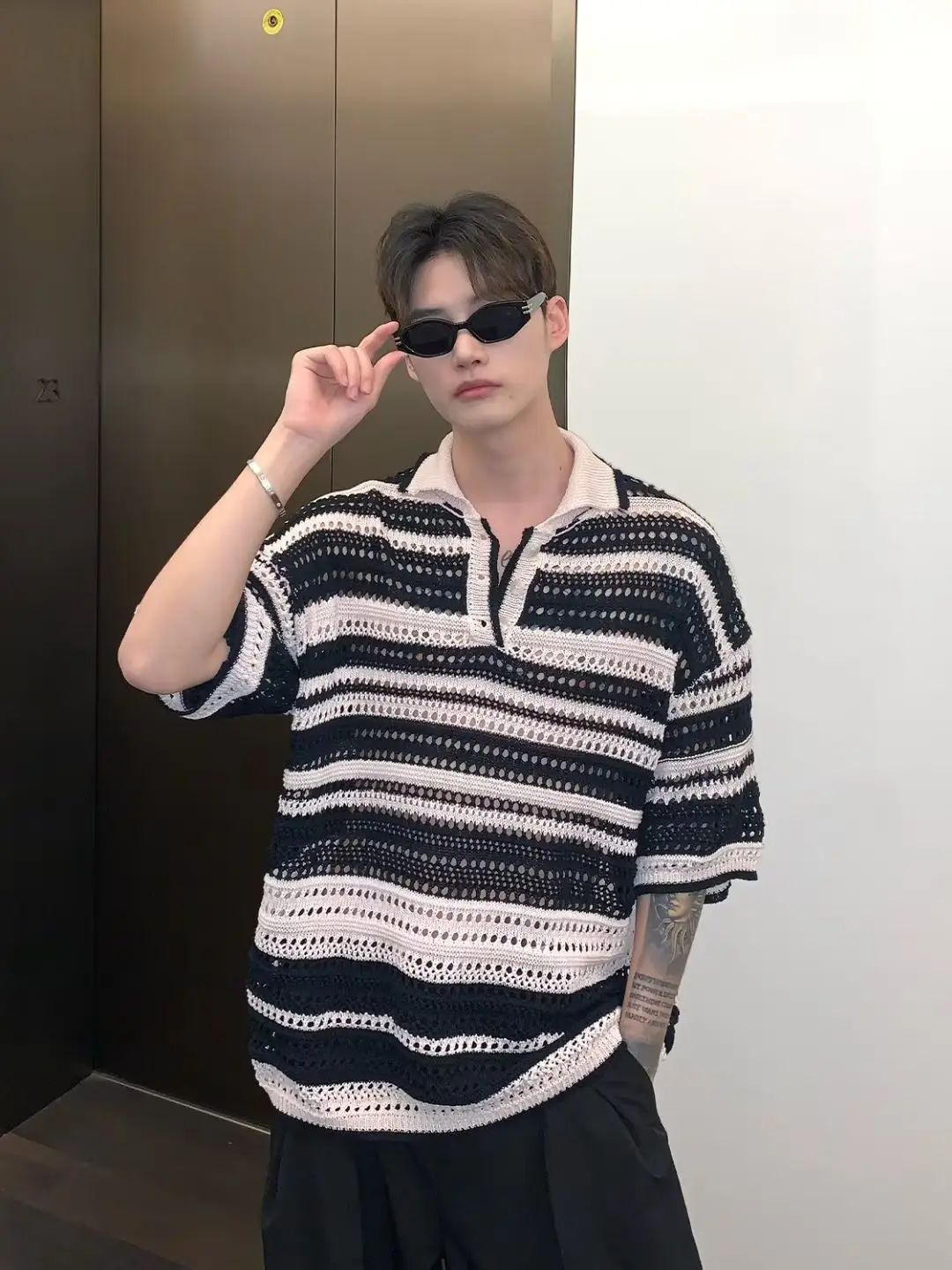 American Style Striped Hollow Short Sleeve Shirt Men Women Summer — feature 14