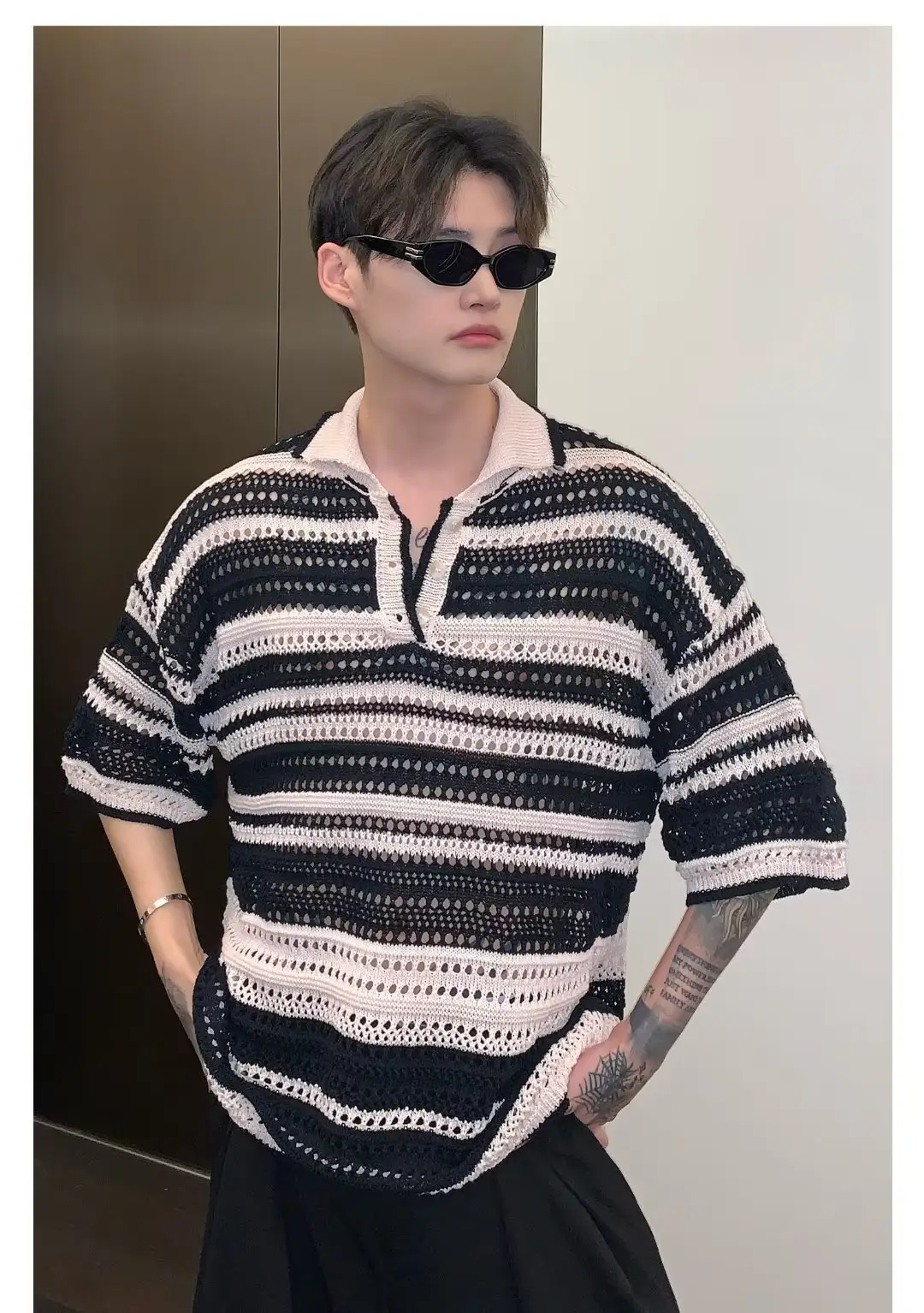 American Style Striped Hollow Short Sleeve Shirt Men Women Summer — feature 2