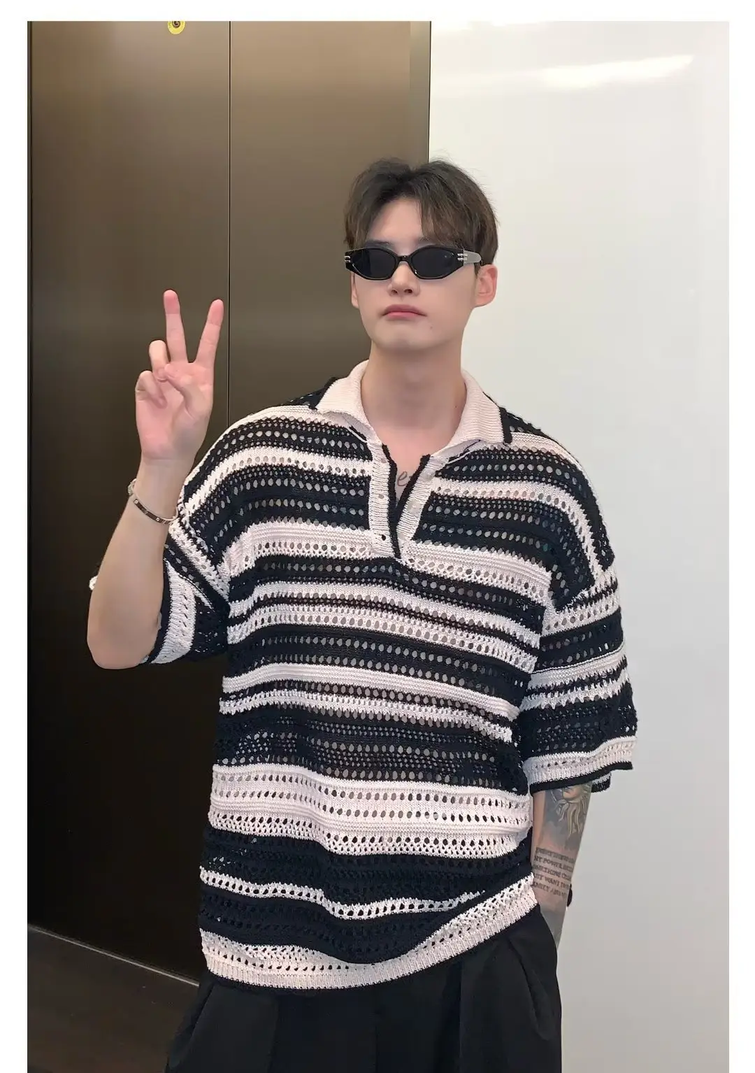 American Style Striped Hollow Short Sleeve Shirt Men Women Summer — feature 3