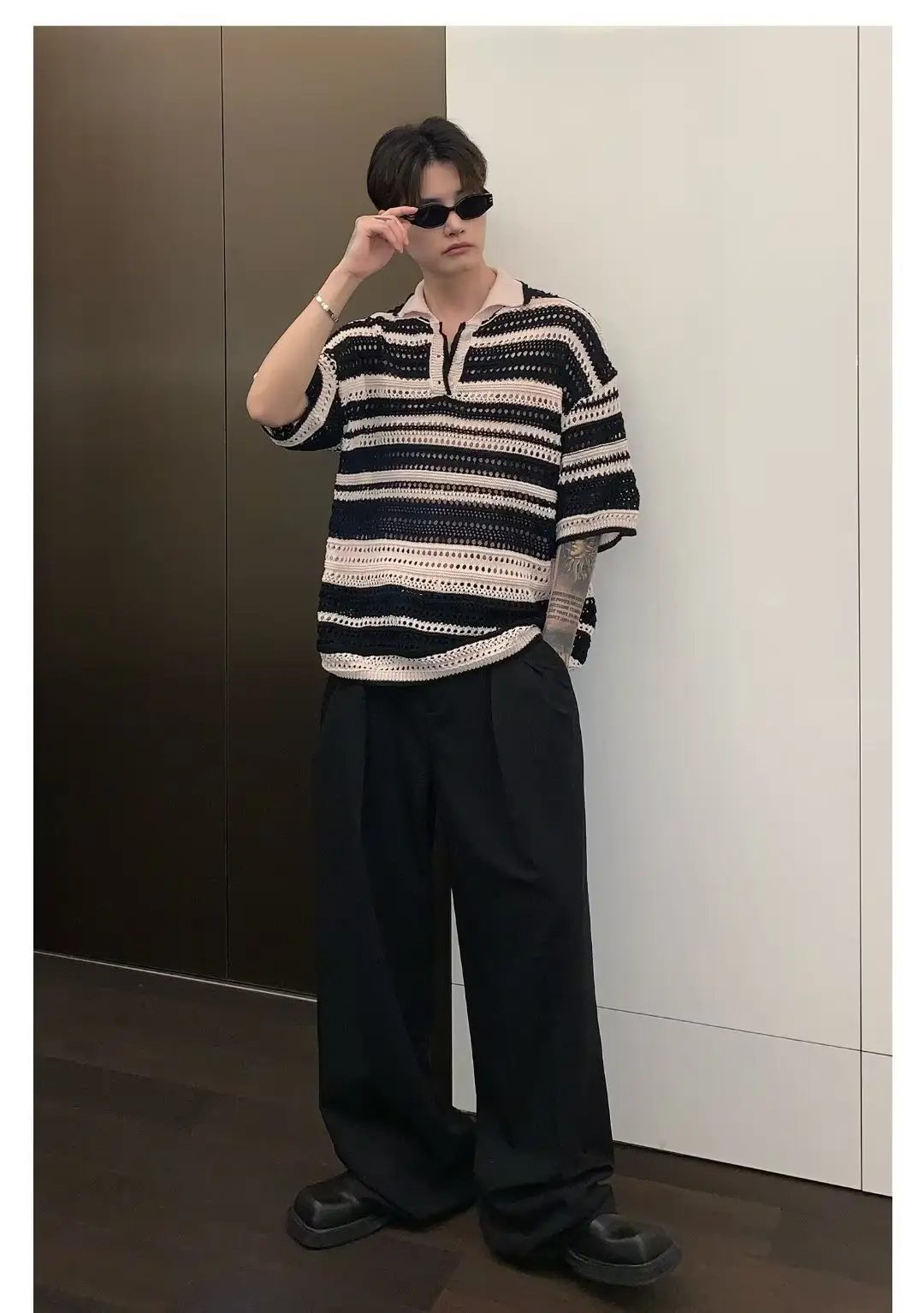 American Style Striped Hollow Short Sleeve Shirt Men Women Summer — feature 6