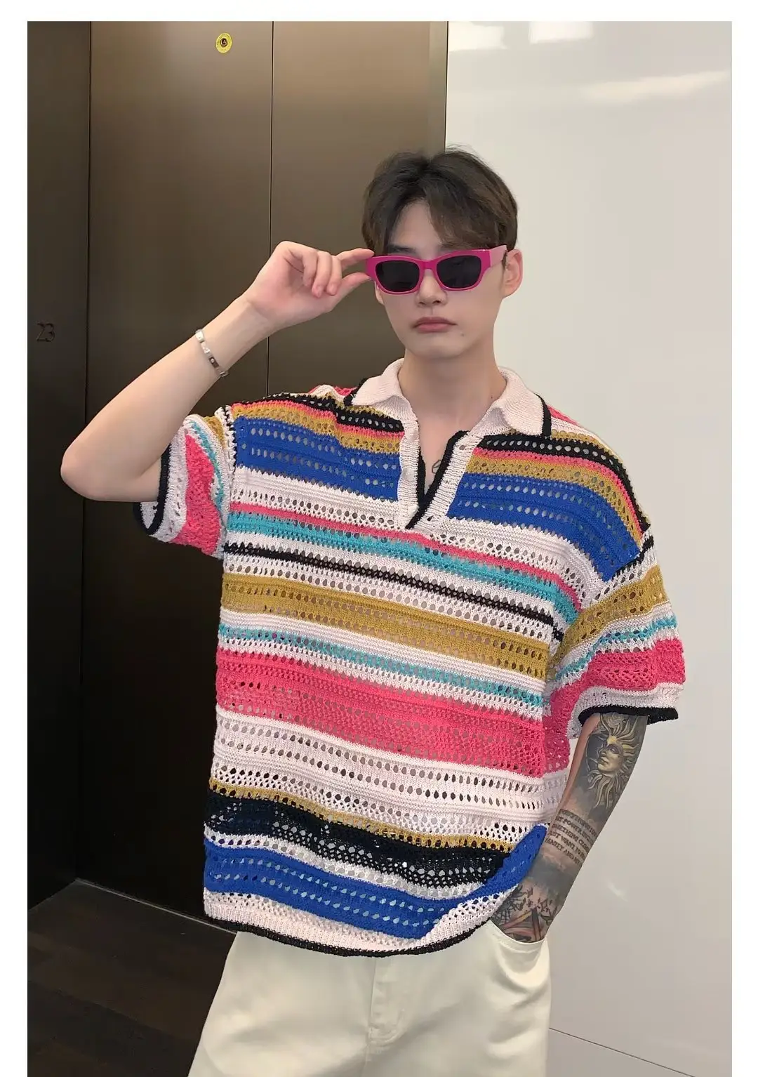 American Style Striped Hollow Short Sleeve Shirt Men Women Summer — feature 7