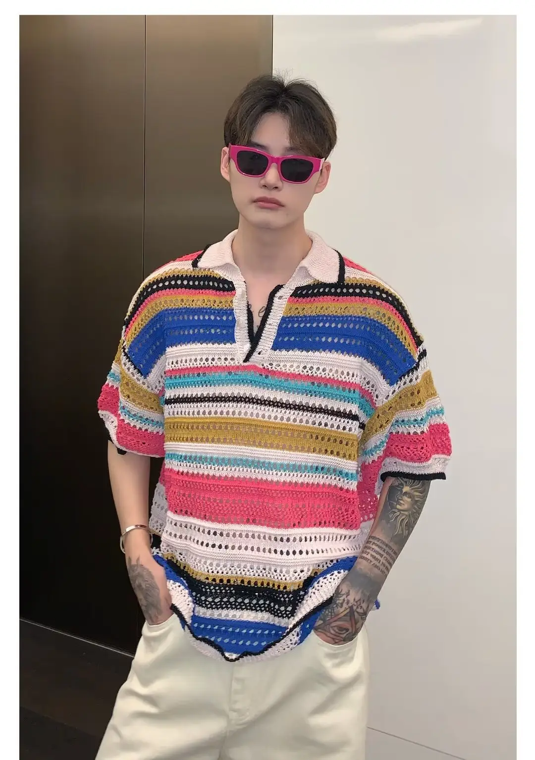 American Style Striped Hollow Short Sleeve Shirt Men Women Summer — feature 8