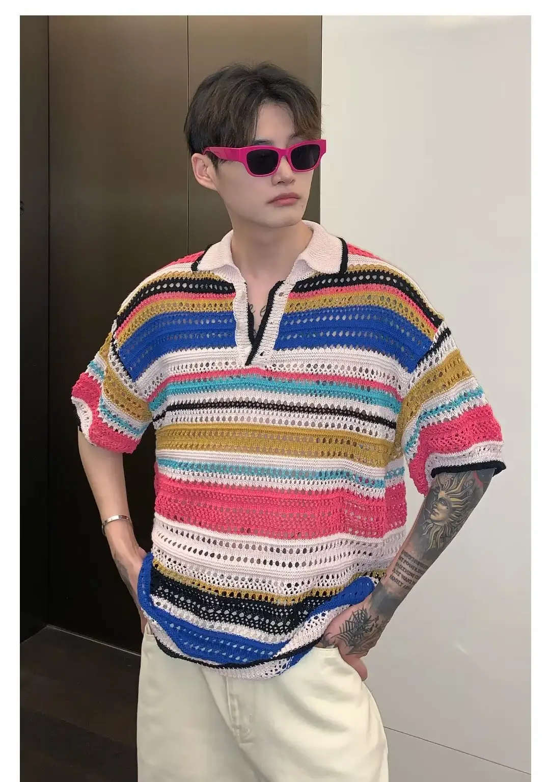 American Style Striped Hollow Short Sleeve Shirt Men Women Summer — feature 9
