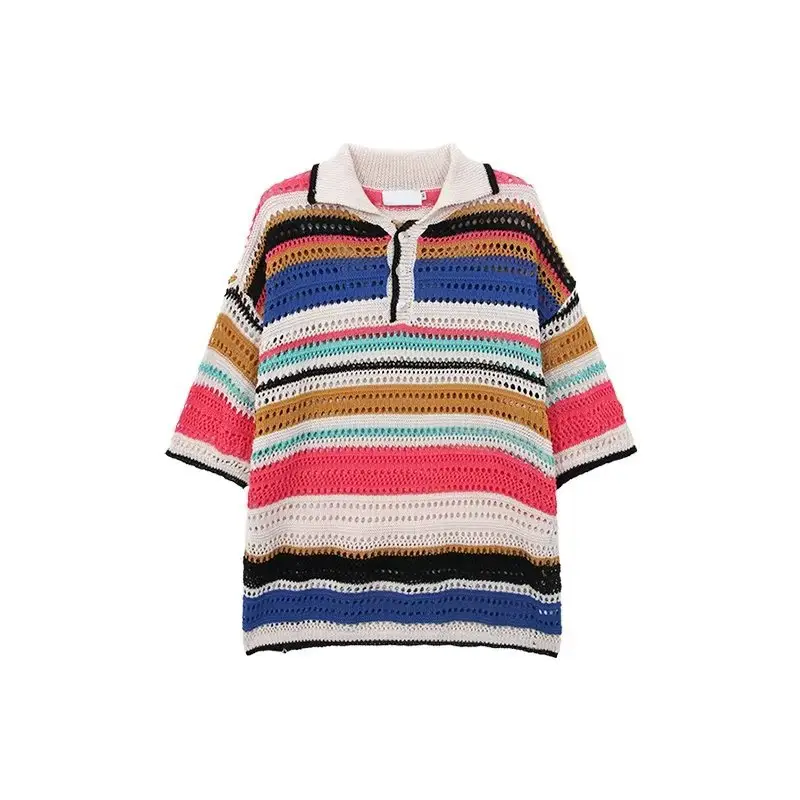 American Style Striped Hollow Short Sleeve Shirt Men Women Summer - Image 2