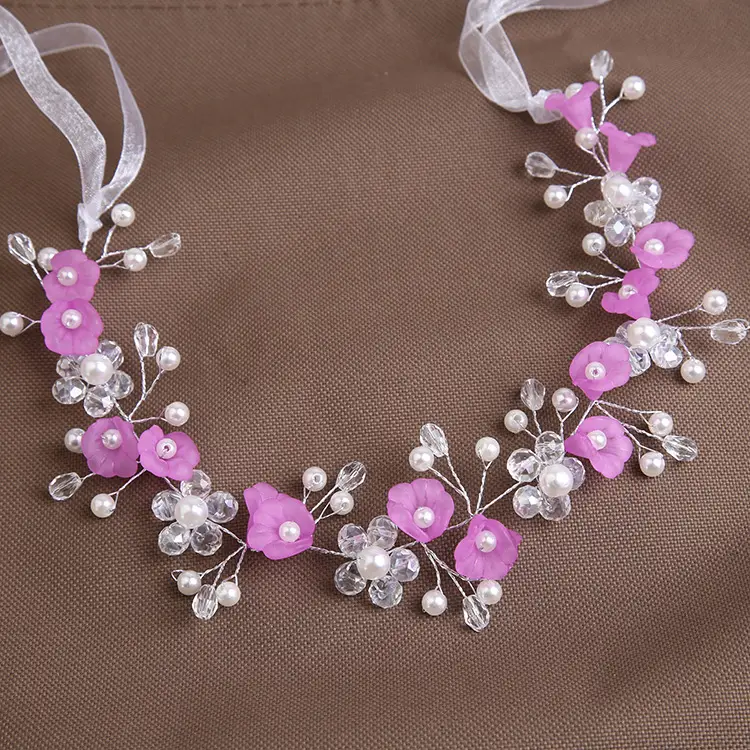 Pink Floral Bridal Hairband with Beads - Image 4