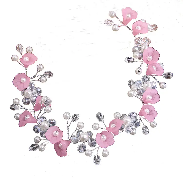 Pink Floral Bridal Hairband with Beads - Image 5