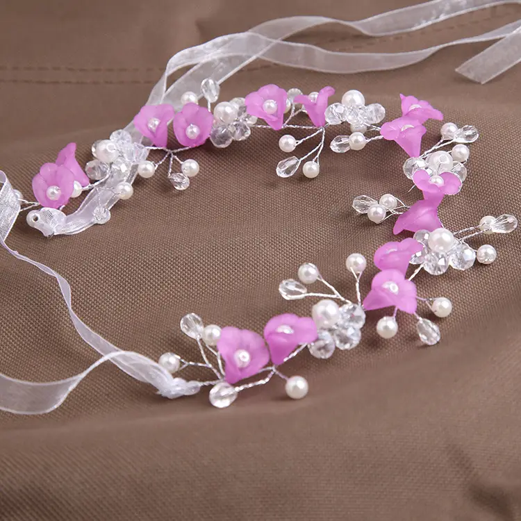 Pink Floral Bridal Hairband with Beads — feature 2