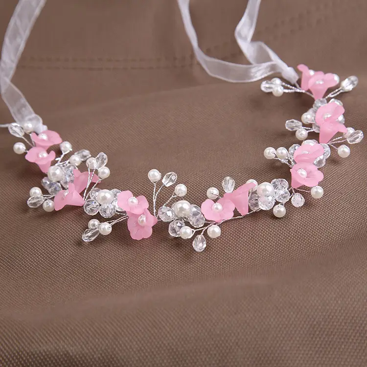 Pink Floral Bridal Hairband with Beads — feature 4