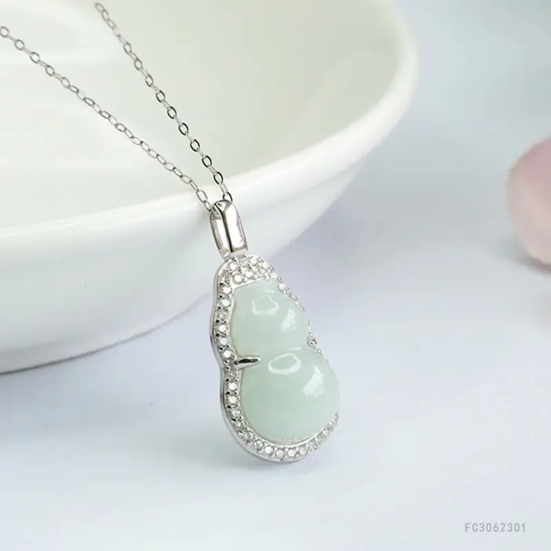 Guan Yu Gourd Pendant with Silver Inlay & Jade Necklace - Image 3
