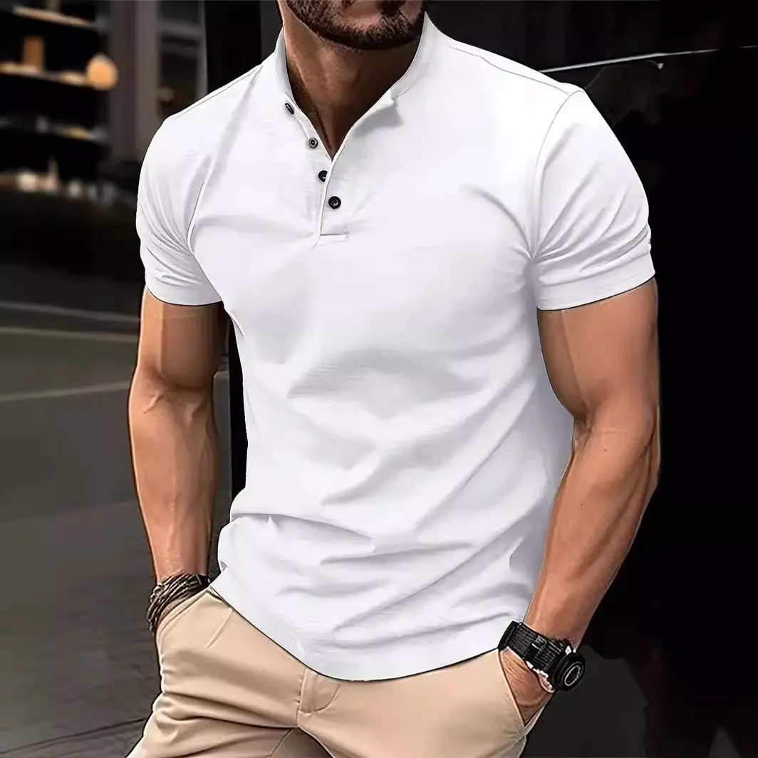 Men Button Down Henley T-Shirt Beige Summer - Image 8