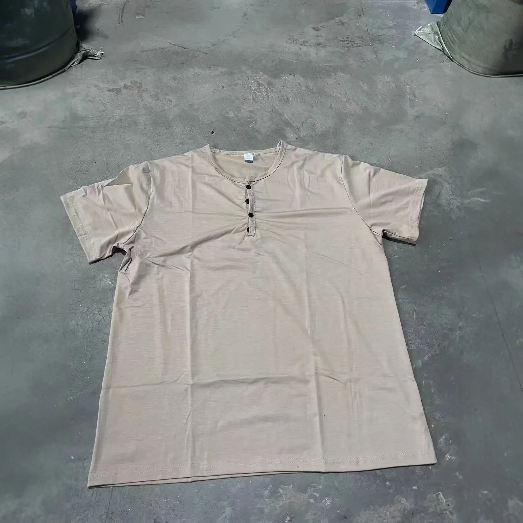 Men Button Down Henley T-Shirt Beige Summer - Image 9