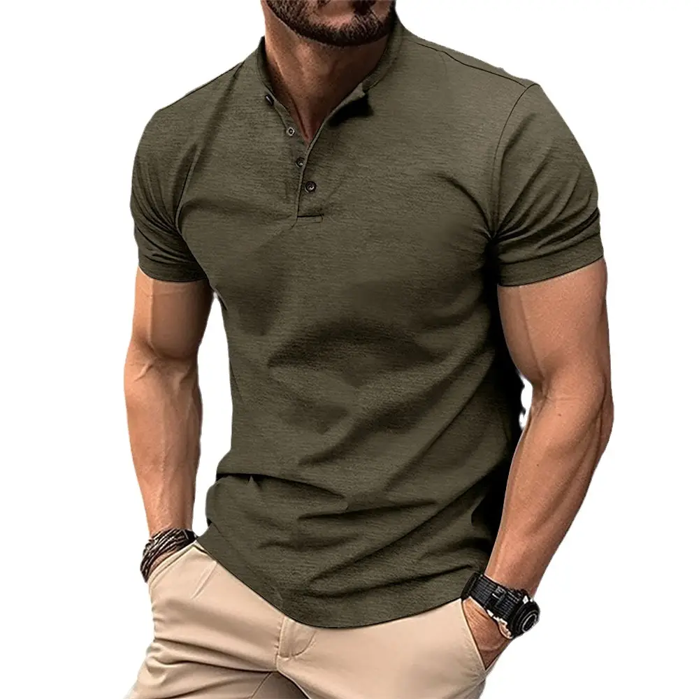 Men Button Down Henley T-Shirt Beige Summer - Image 10
