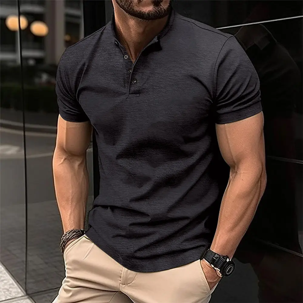 Men Button Down Henley T-Shirt Beige Summer — feature 2