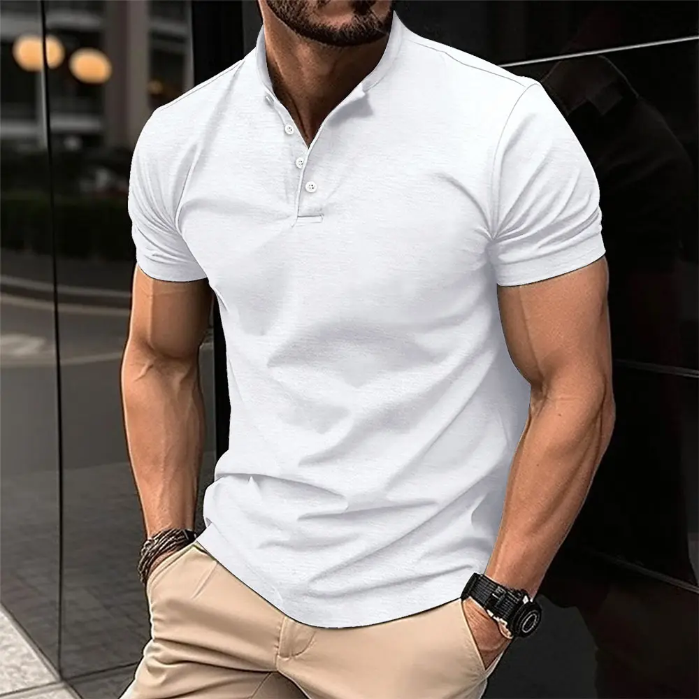 Men Button Down Henley T-Shirt Beige Summer — feature 3