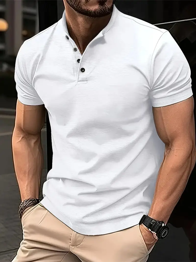 Men Button Down Henley T-Shirt Beige Summer - Image 3