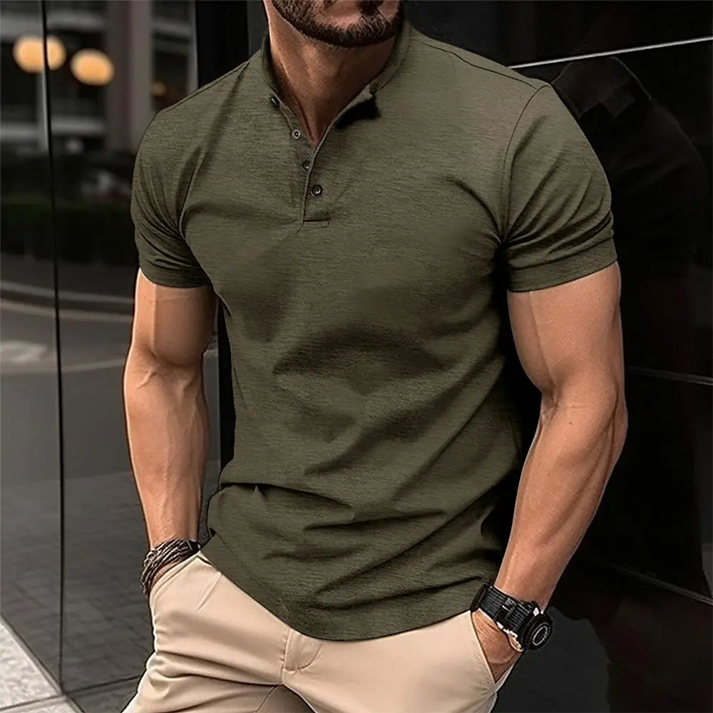 Men Button Down Henley T-Shirt Beige Summer - Image 4