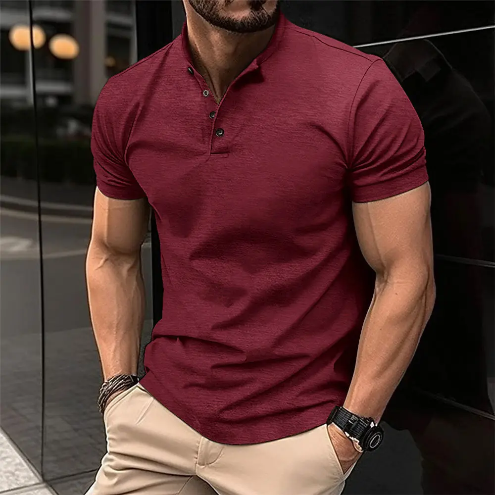 Men Button Down Henley T-Shirt Beige Summer - Image 2