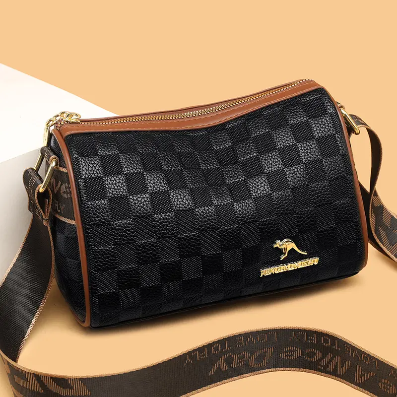 2025 Black Plaid Soft Leather Shoulder Bag with Wide Strap - Image 3