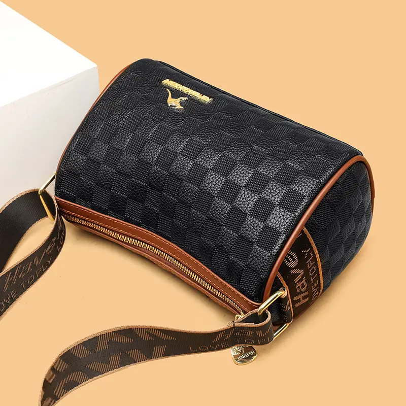 2025 Black Plaid Soft Leather Shoulder Bag with Wide Strap - Image 4