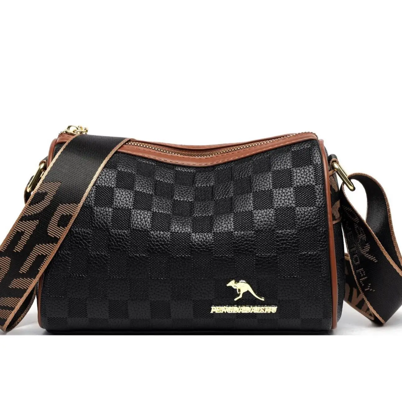 2025 Black Plaid Soft Leather Shoulder Bag with Wide Strap - Image 7