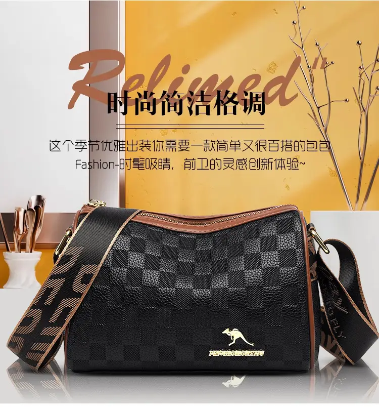 2025 Black Plaid Soft Leather Shoulder Bag with Wide Strap — feature 3