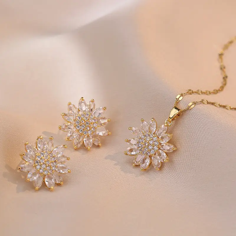 Necklace Set Sunflower Zircon Gold Titanium Celestial Fashion