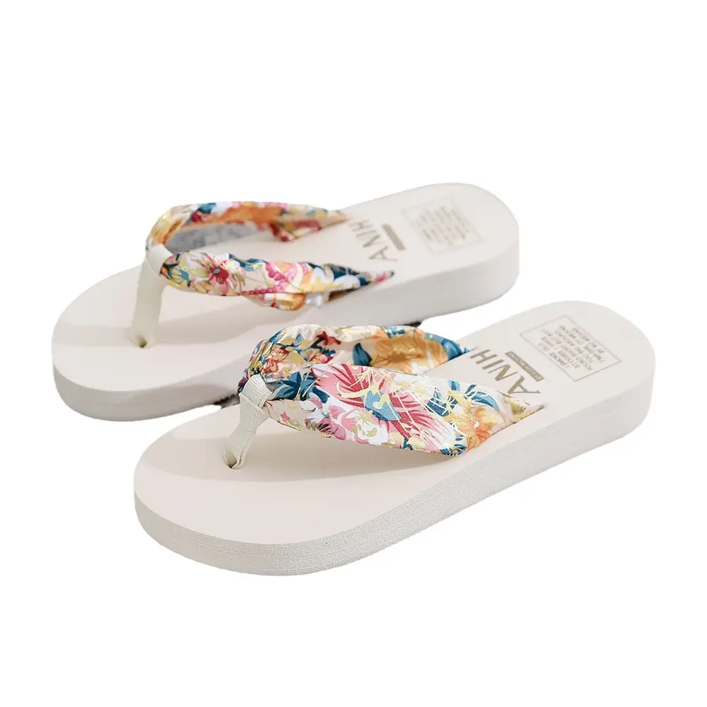 Women Floral Thong Flip Flops White Flat Heel
