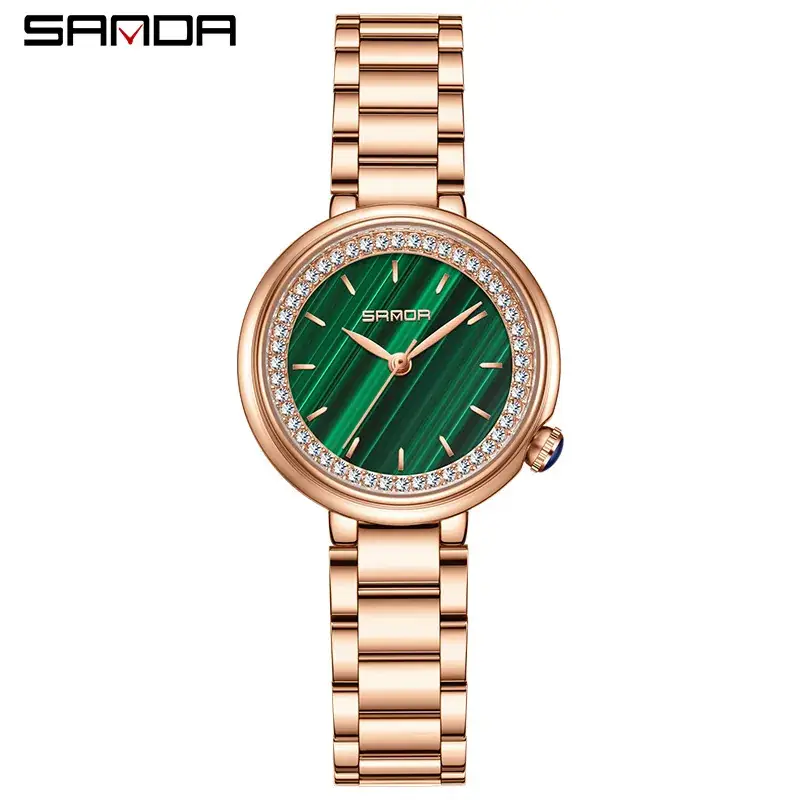 Diamond Encrusted Ladies Quartz Watch Green Dial Black Band