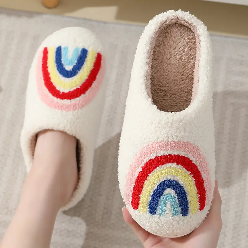 New Comfortable Home Cute Cartoon Rainbow Winter Cotton Slippers for Men and Women Couple Thick Bottom Warm Cotton Slippers