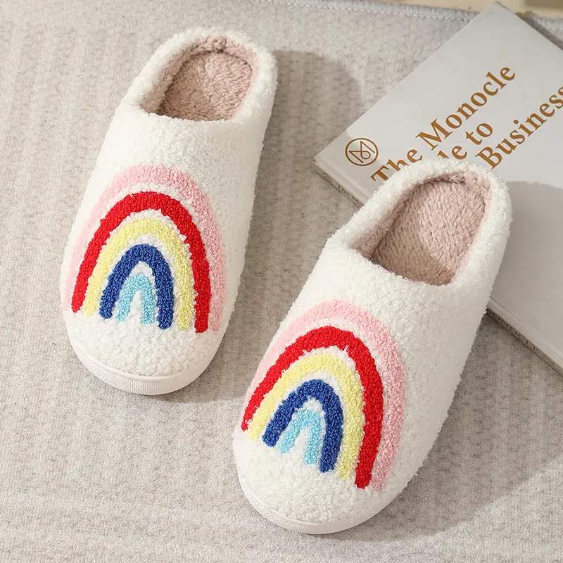 New Comfortable Home Cute Cartoon Rainbow Winter Cotton Slippers for Men and Women Couple Thick Bottom Warm Cotton Slippers