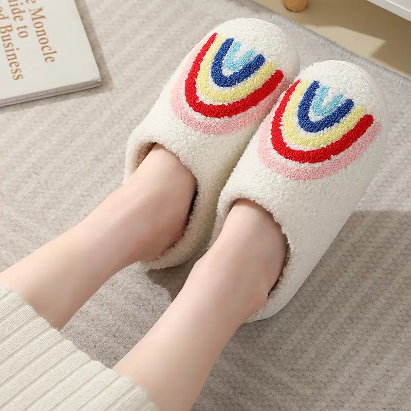 New Comfortable Home Cute Cartoon Rainbow Winter Cotton Slippers for Men and Women Couple Thick Bottom Warm Cotton Slippers
