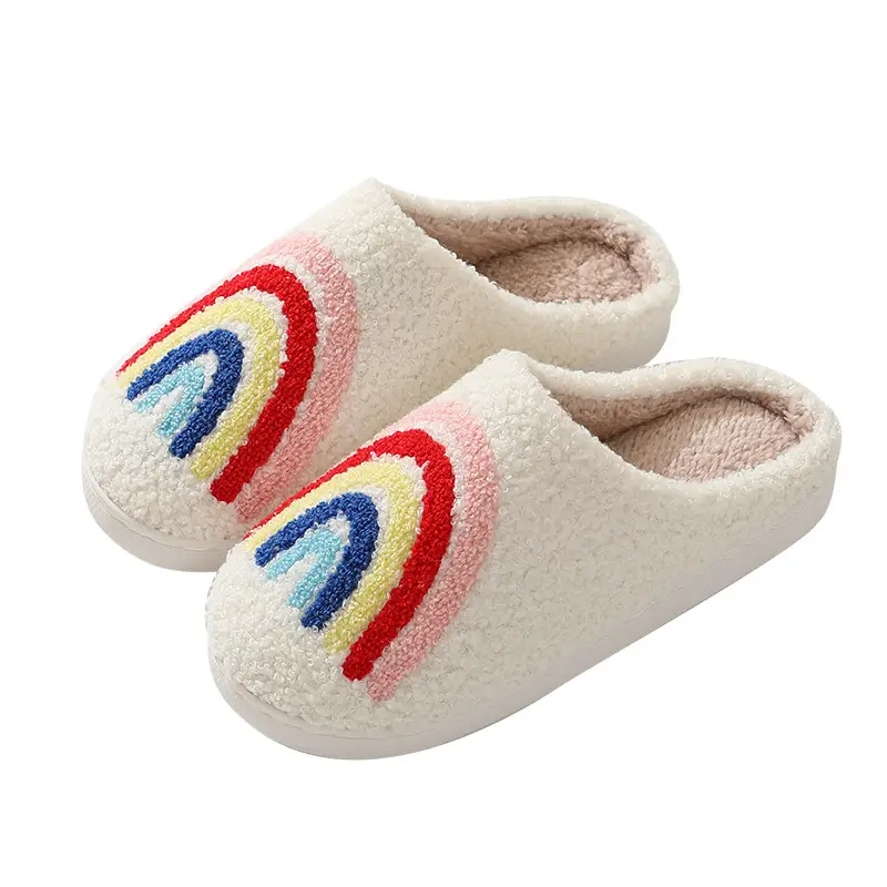 New Comfortable Home Cute Cartoon Rainbow Winter Cotton Slippers for Men and Women Couple Thick Bottom Warm Cotton Slippers