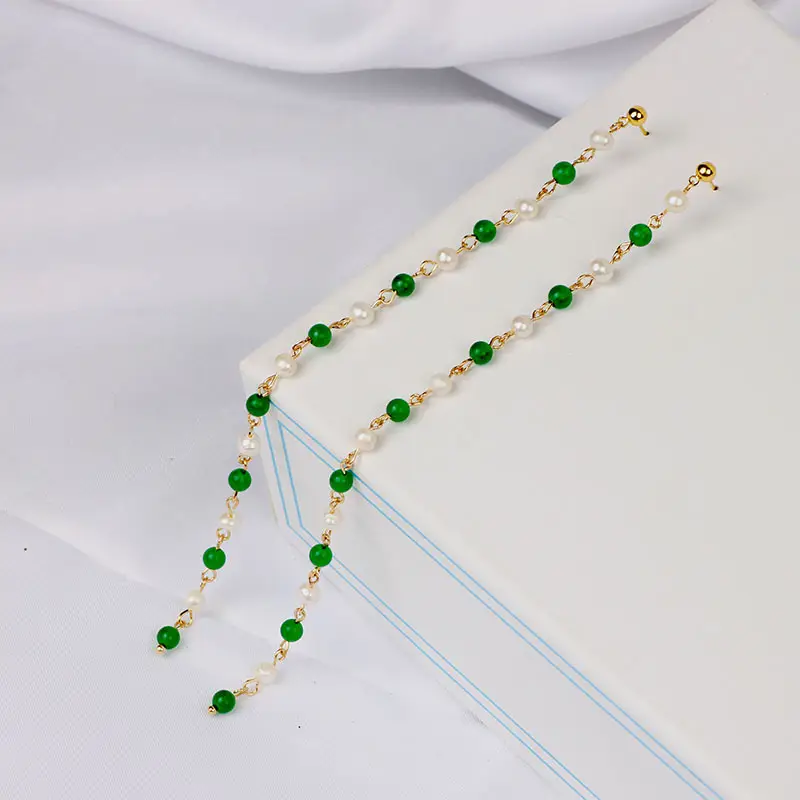 Green Freshwater Pearls Ear Wire with White Jade Tassels - Image 11